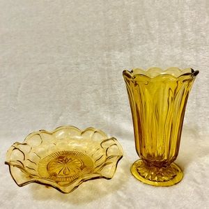 Amber glass vase and bowl